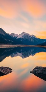 Sunset,Stones,Mountains,Lake,Snowbound,Snow Covered,Nature