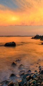 Sunset,Stones,Rocks,Shore,Bank,Fog,Evening,Water,Nature