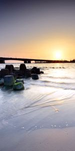 Sunset,Stones,Shore,Bank,Bridge,Nature,Sea,Wet,Calm,Sand,Landscape