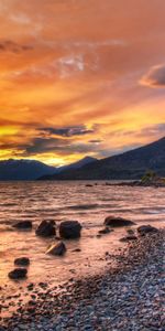 Sunset,Stones,Sky,Clouds,Shore,Bank,Lumps,Shades,Blocks,Nature,Sea,Shroud,Texture