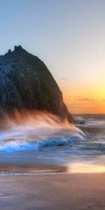 Sunset,Sun,Rock,Shore,Bank,Foam,Serenity,Nature,Shine,Light,Spray,Arch,Waves,Sand,Beach