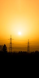 Sunset,Twilight,Dusk,Outlines,Pillars,Posts,Wire,Trees,Wires,Dark