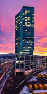 Sunset,Violet,Skyscraper,Building,Road,Cities,City,Purple