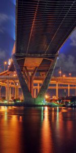 Ciudades,Noche,Las Luces,Luces,Linternas,Iluminación,Tailandia,Bangkok,Ríos,Reflexión,Puente,Hdr,Iluminar Desde El Fondo