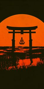 Arc,Cambre,Silhouette,Torii,Sun,Sombre,Méditation,Vecteur