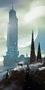 Trees,Art,Snow,Deers,Building,Sci Fi