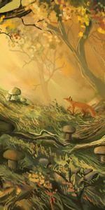 Trees,Forest,Mashrooms,Fox,Art