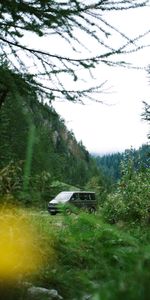 Trees,Grass,Mountain,Van,Nature,Cars