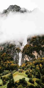 Trees,Mountains,Clouds,Waterfall,Fog,Rocks,Nature