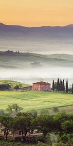 Trees,Mountains,Fog,Slopes,Nature,Valley,Houses,Plain