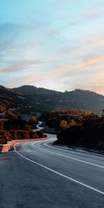 Trees,Mountains,Road,Dusk,Turns,Nature,Twilight