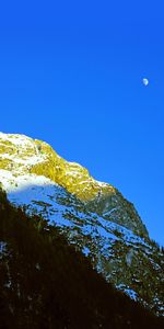 Trees,Mountains,Rocks,Snow Covered,Snowbound,Nature,Moon