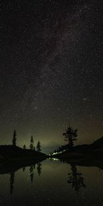 Arbres,Montagnes,Sombre,Etoiles,Lac,Nuit,Ciel Étoilé