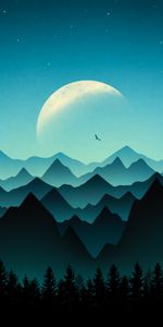 Trees,Mountains,Vertex,Tops,Art,Moon