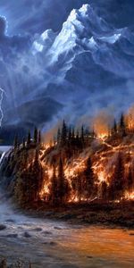 Trees,Nature,Mountains,Lightning,Forest,Waterfalls,Fire,Night,Moon