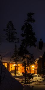 Trees,Night,Snow,Forest,Lodge,Nature,Small House,Winter