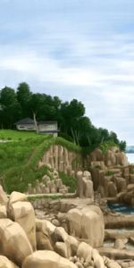 Trees,Rocks,Path,Cliff,Art,House