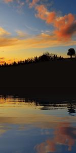 Árboles,Cielo,Nubes,Lago,Orilla,Banco,Casa,Contornos,Naturaleza,Noche