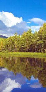 Trees,Sky,Clouds,Reflection,Shore,Bank,Forest,Siberia,Nature,Lake