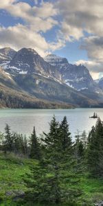 Trees,Sky,Clouds,Rocks,Nature,Mountains,Lake