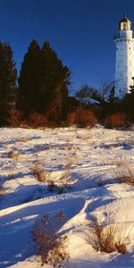 Trees,Snow,Lighthouse,Lake Michigan,Nature