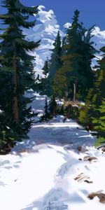 Trees,Snow,Spruce,Fir,Path,Art