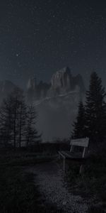 Trees,Starry Sky,Mountains,Overview,Night,Review,Bench,Landscape,Dark