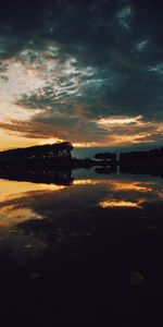 Trees,Sunset,Clouds,Lake,Dusk,Nature,Twilight