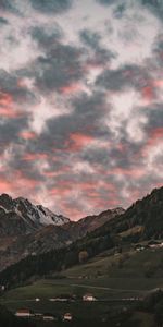 Nature,Montagne,Forêt,Arbres,Nuages,Coucher De Soleil,Village