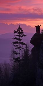 Silhouettes,Se Rompre,Précipice,Montagnes,Coucher De Soleil,Arbres,Sombre