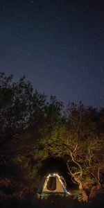 Trees,Tent,Night,Starry Sky,Dark,Campsite,Camping