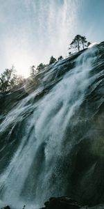 Trees,Waterfall,Precipice,Sunlight,Nature,Glare,Break