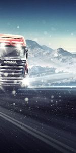 Camions,Transports,Routes,Voitures,Montagnes,Hiver