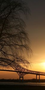 Twilight,Dusk,Bridge,Outlines,Sight,Landmark,Trees,Nature