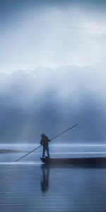 Twilight,Miscellanea,Fog,Dusk,Person,Lake,Boat,Miscellaneous,Human