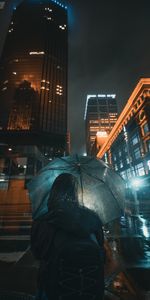 Umbrella,Miscellanea,Miscellaneous,Human,Backpack,Rucksack,Person,Hood,Rain,Neon