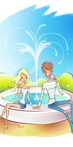 Paire,Flâner,Coupler,Promenade,Eau,Fontaine,Amour,Photo,Dessin,Art