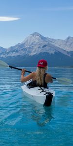 Water,Miscellanea,Miscellaneous,Paddles,Oars,Mountains,Boat,Girl,Kayak