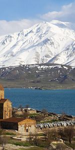 Water,Mountains,Lake,Shore,Bank,Structure,Island,Nature