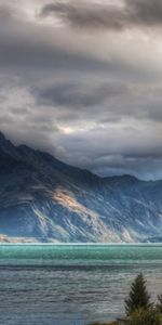 Water,Mountains,Rocks,Lake,Overcast,Clouds,Mainly Cloudy,Nature,Colorful,Multicolored