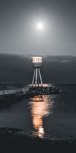 Water,Night,Lighthouse,Nature,Stones,Pier,Sea