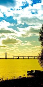 Water,Sky,Clouds,Shore,Bank,Wood,Tree,Bridge,Morning,Colors,Color,Nature