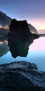 Water,Stones,Lights,Rocks,Bank,Evening,Nature,Shore