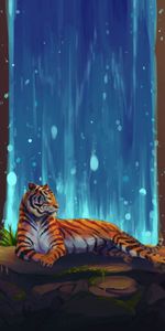 Water,Stones,Tiger,Waterfall,Art