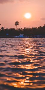 Water,Sunset,Palms,Nature,Waves,Boat