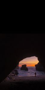 Water,Sunset,Rocks,Silhouette,Dark,Cave