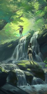 Waterfall,Guy,Jungle,Forest,Girl,Art