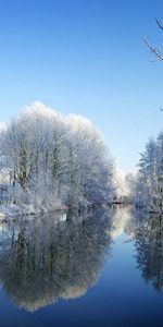 Winter,Hoarfrost,Nature,Rivers,Trees,Reflection,Park,Frost