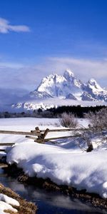 Winter,Mountains,Snow,Fog,Fence,Creek,Brook,Nature