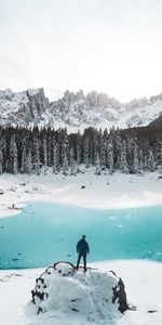 Winter,Mountains,Snow,Lake,Seclusion,Human,Person,Loneliness,Nature,Privacy